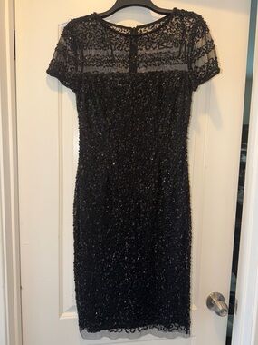 Adrianna Papell Black Beaded Midi Sheath Dress